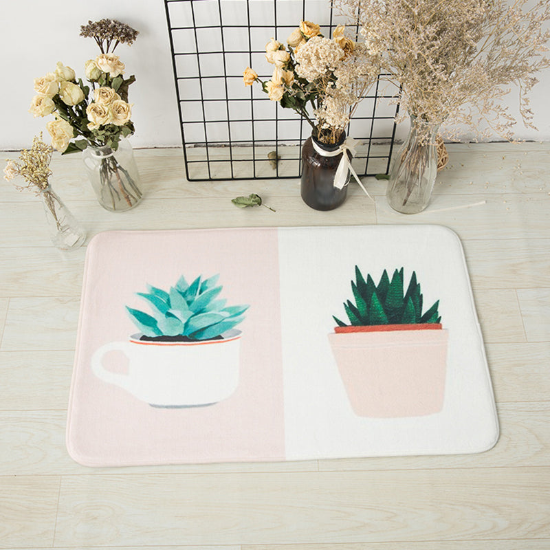Sikunuo | Green and Pink Children's Room Carpet Children Botanical Leaf Potted Plants Pattern Area Rug Polyester Pet Friendly Carpet