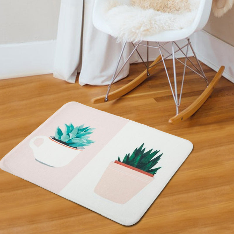 Sikunuo | Green and Pink Children's Room Carpet Children Botanical Leaf Potted Plants Pattern Area Rug Polyester Pet Friendly Carpet