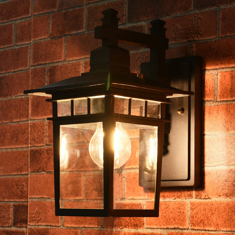 Sikunuo | Lantern Clear Glass Wall Hanging Lamp Industrial Single Bulb Veranda Wall Light in Black