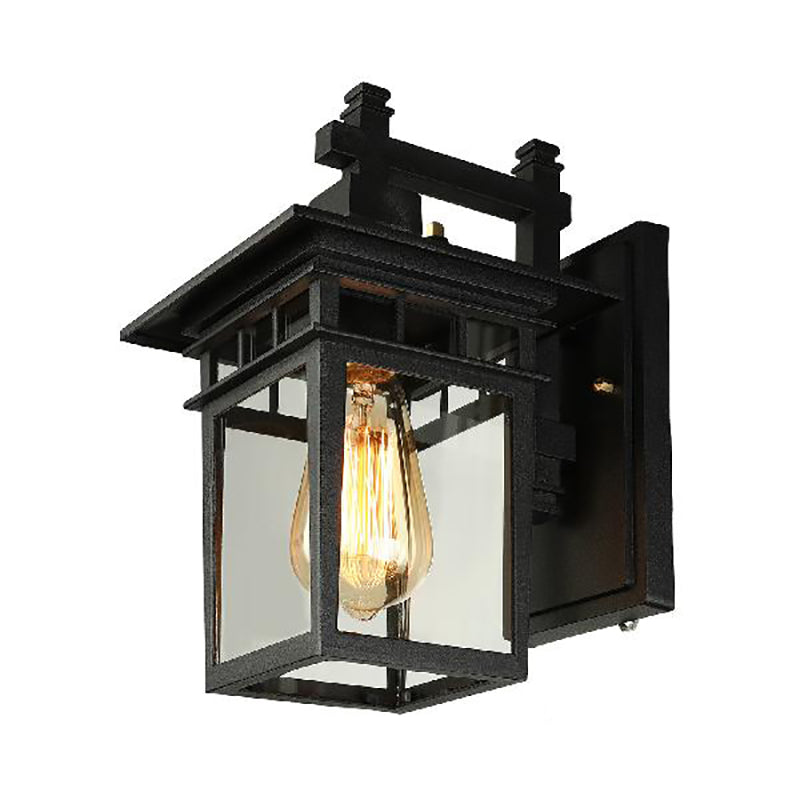 Sikunuo | Lantern Clear Glass Wall Hanging Lamp Industrial Single Bulb Veranda Wall Light in Black