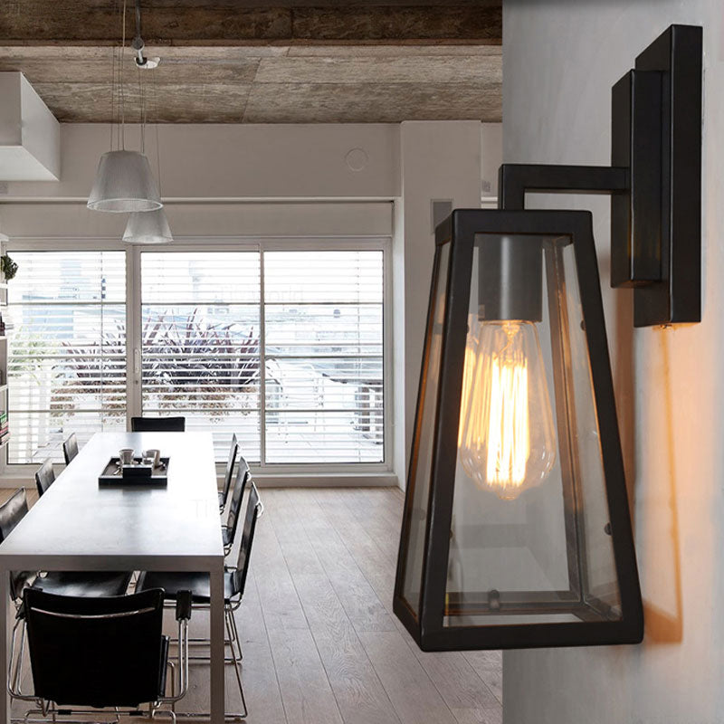 Sikunuo | 1 Bulb Trapezoidal Cage Wall Lamp Industrial Stylish Matt Black Metal Wall Mount Light for Living Room