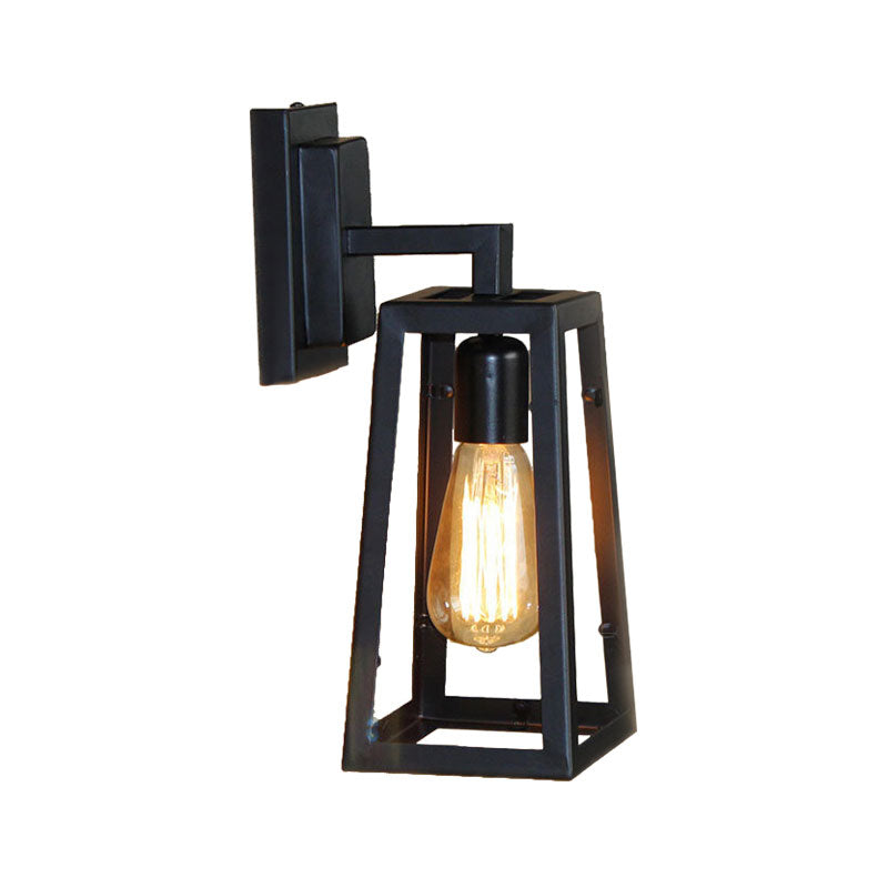 Sikunuo | 1 Bulb Trapezoidal Cage Wall Lamp Industrial Stylish Matt Black Metal Wall Mount Light for Living Room