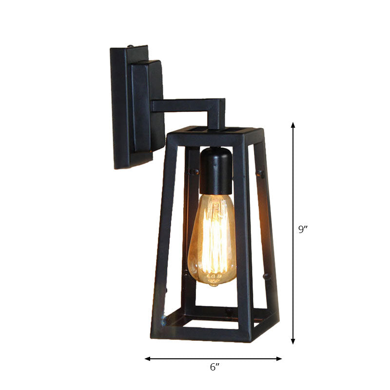 Sikunuo | 1 Bulb Trapezoidal Cage Wall Lamp Industrial Stylish Matt Black Metal Wall Mount Light for Living Room