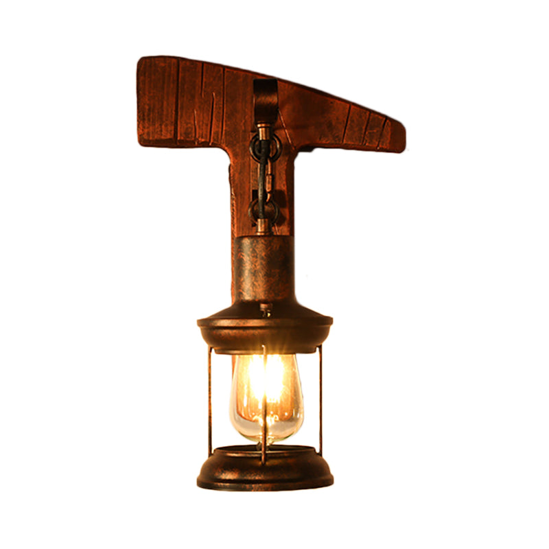 Sikunuo | Rust One-Light Wall Light Coastal Clear Glass Lantern Lighting Fixture with Wood Back Plate