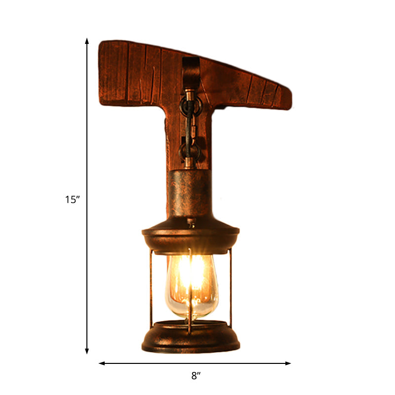 Sikunuo | Rust One-Light Wall Light Coastal Clear Glass Lantern Lighting Fixture with Wood Back Plate