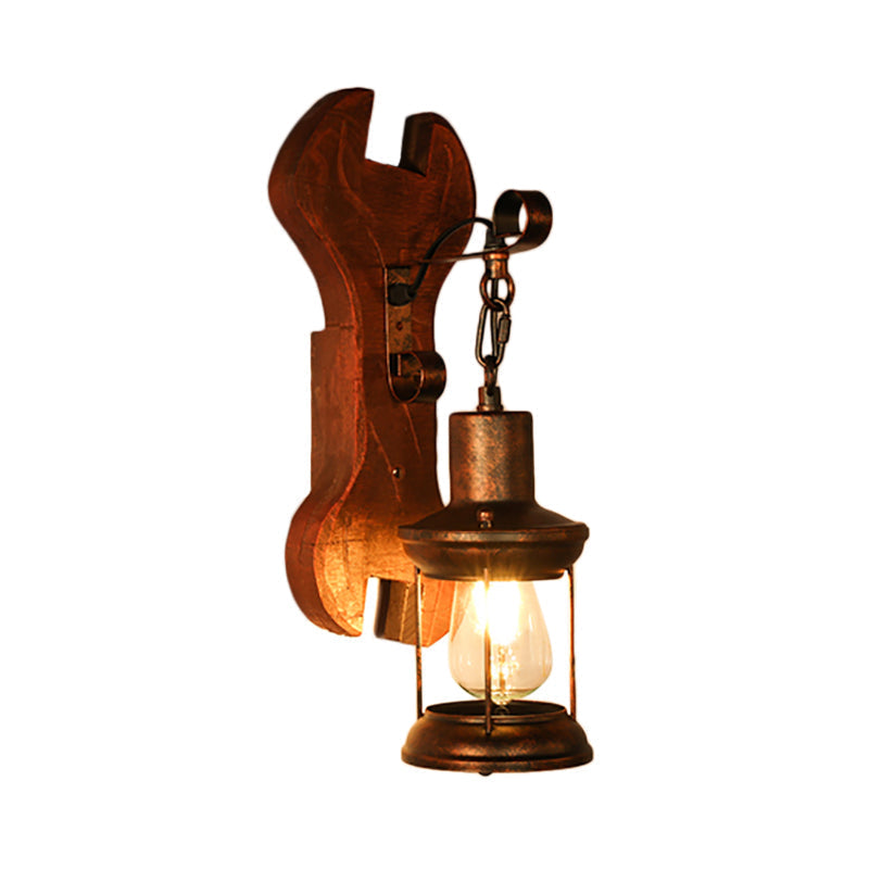 Sikunuo | Rust One-Light Wall Light Coastal Clear Glass Lantern Lighting Fixture with Wood Back Plate