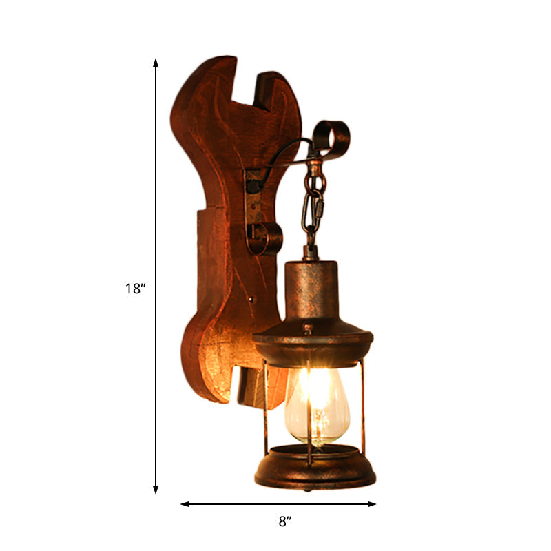 Sikunuo | Rust One-Light Wall Light Coastal Clear Glass Lantern Lighting Fixture with Wood Back Plate