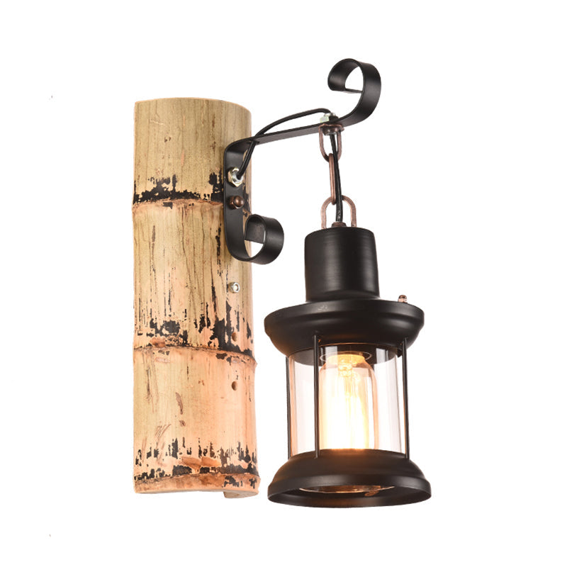 Sikunuo | A wall lamp with a clear glass lantern in industrial style, wall lamp for the dining room in black with a bamboo backplate