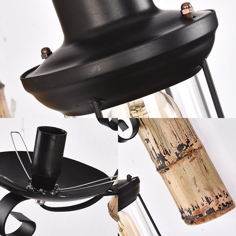 Sikunuo | A wall lamp with a clear glass lantern in industrial style, wall lamp for the dining room in black with a bamboo backplate