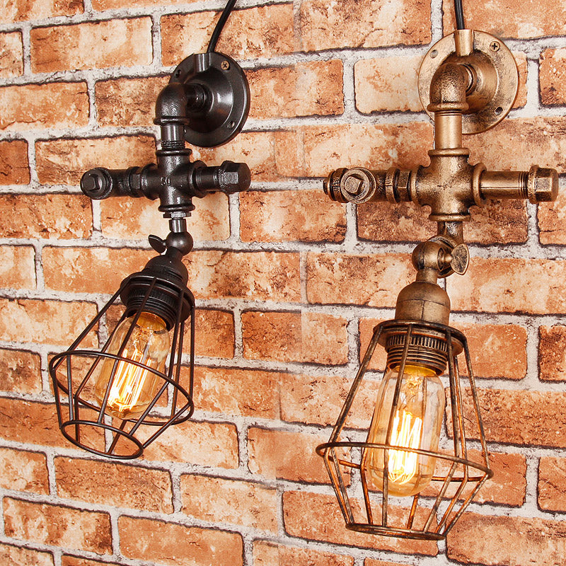 Sikunuo | Diamond Cage Iron Wall Mount Light with Pipe Design Industrial Style 1 Bulb Bedroom Wall Lighting in Antique Brass/Silver