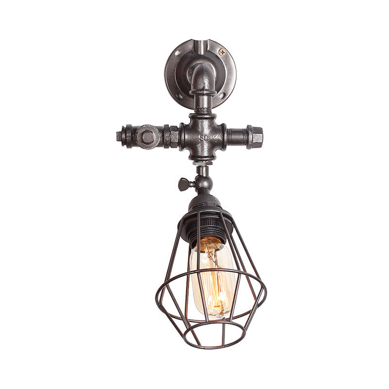 Sikunuo | Diamond Cage Iron Wall Mount Light with Pipe Design Industrial Style 1 Bulb Bedroom Wall Lighting in Antique Brass/Silver