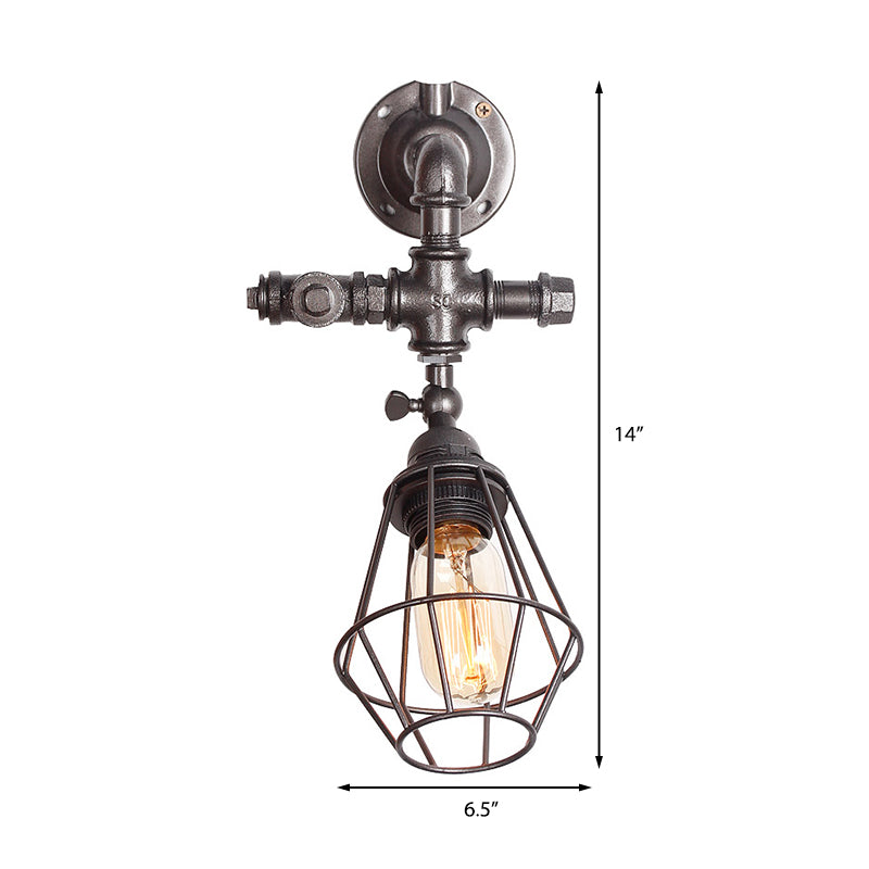 Sikunuo | Diamond Cage Iron Wall Mount Light with Pipe Design Industrial Style 1 Bulb Bedroom Wall Lighting in Antique Brass/Silver