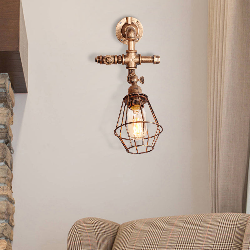 Sikunuo | Diamond Cage Iron Wall Mount Light with Pipe Design Industrial Style 1 Bulb Bedroom Wall Lighting in Antique Brass/Silver