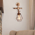 Sikunuo | Diamond Cage Iron Wall Mount Light with Pipe Design Industrial Style 1 Bulb Bedroom Wall Lighting in Antique Brass/Silver