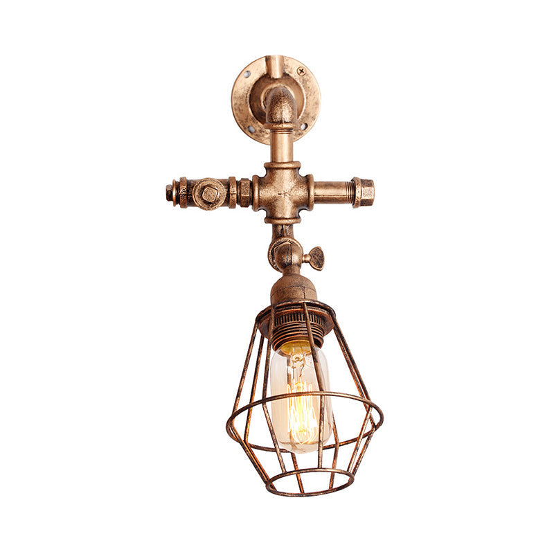 Sikunuo | Diamond Cage Iron Wall Mount Light with Pipe Design Industrial Style 1 Bulb Bedroom Wall Lighting in Antique Brass/Silver