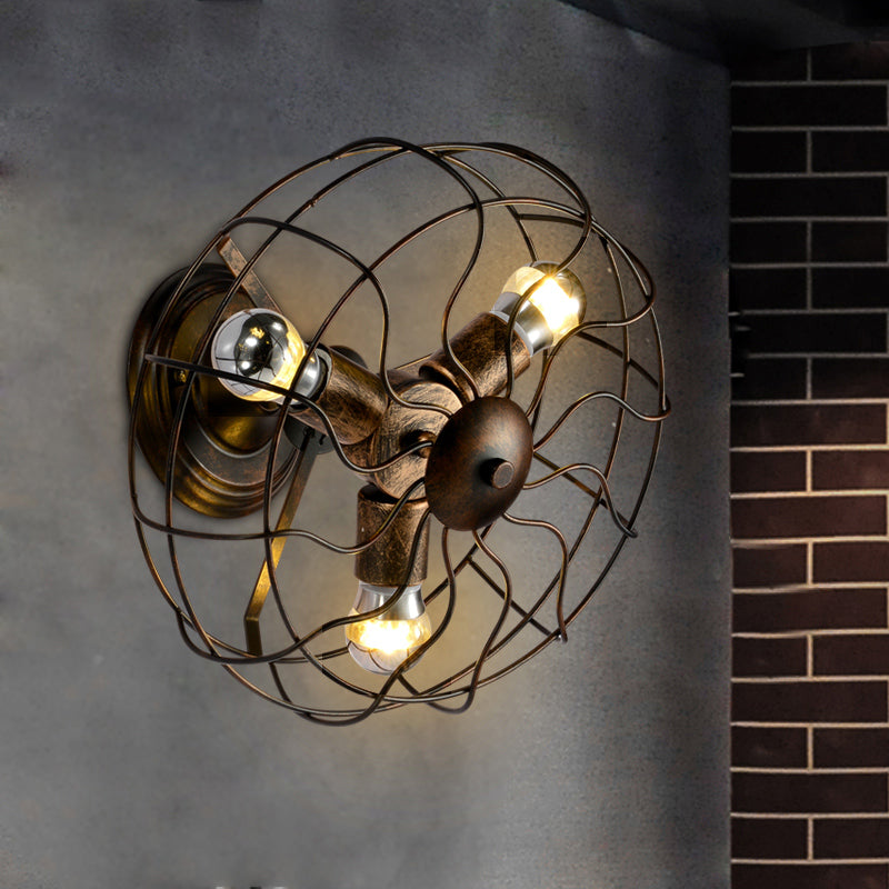 Sikunuo | Weathered Copper Wall Lamp with Cage Shade Antique Style Wrought Iron 3 Lights Indoor Wall Lighting