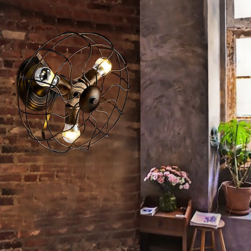 Sikunuo | Weathered Copper Wall Lamp with Cage Shade Antique Style Wrought Iron 3 Lights Indoor Wall Lighting