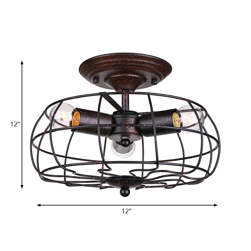 Sikunuo | Weathered Copper Wall Lamp with Cage Shade Antique Style Wrought Iron 3 Lights Indoor Wall Lighting