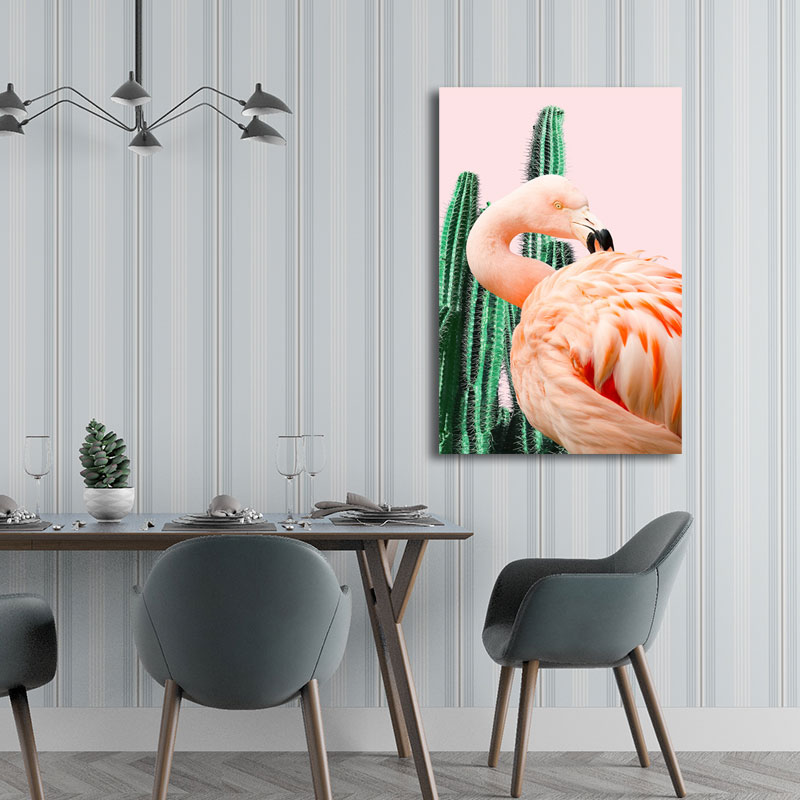 Sikunuo | Pink Tropical Canvas Print Flamingo and Cactus Wall Art Decor for Home Interiors