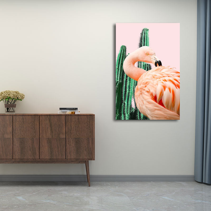 Sikunuo | Pink Tropical Canvas Print Flamingo and Cactus Wall Art Decor for Home Interiors
