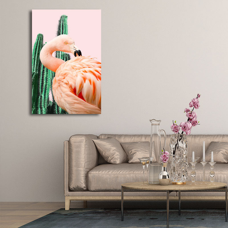 Sikunuo | Pink Tropical Canvas Print Flamingo and Cactus Wall Art Decor for Home Interiors