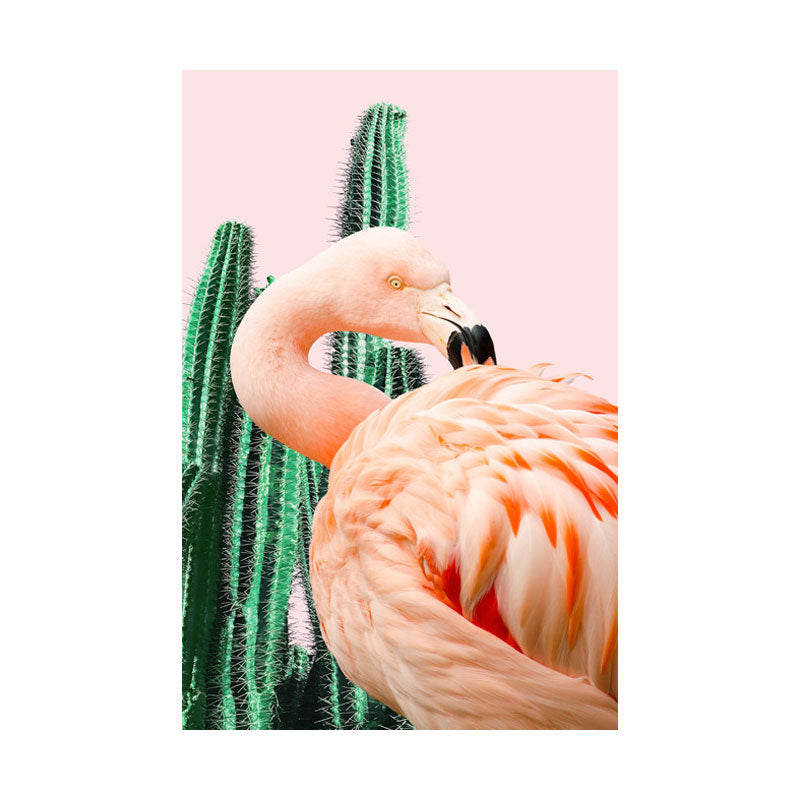 Sikunuo | Pink Tropical Canvas Print Flamingo and Cactus Wall Art Decor for Home Interiors