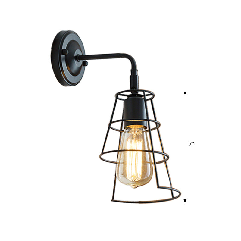 Sikunuo | Vintage Style Conic Cage Wall Lamp with Curved Arm 1 Light Metal Wall Lamp in Black/White