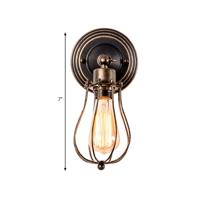 Sikunuo | 1 Head Iron Wall Lamp Farmhouse Style Dark Rust Wire Protection Café Mini Wall Light