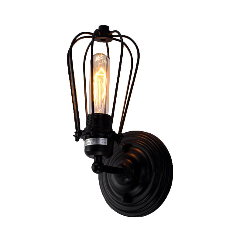 Sikunuo | 1 Head Wall Scone Light with Bulb Cage Shade Metal Industrial Rustic Hallway Wall Lighting in Black, 2 Packs