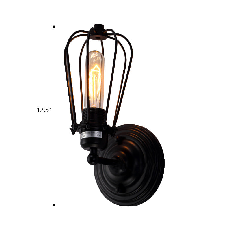 Sikunuo | 1 Head Wall Scone Light with Bulb Cage Shade Metal Industrial Rustic Hallway Wall Lighting in Black, 2 Packs