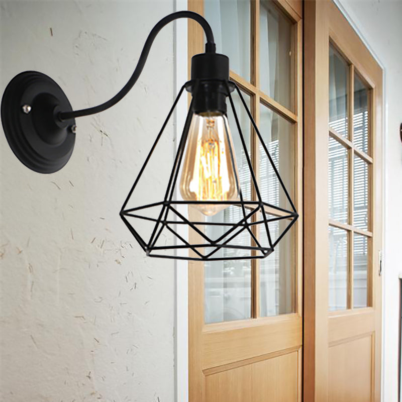 Sikunuo | Black 1 Light Wall Lamp Retro Style Metal Diamond/Star Wall Light with Cage Shade for Café