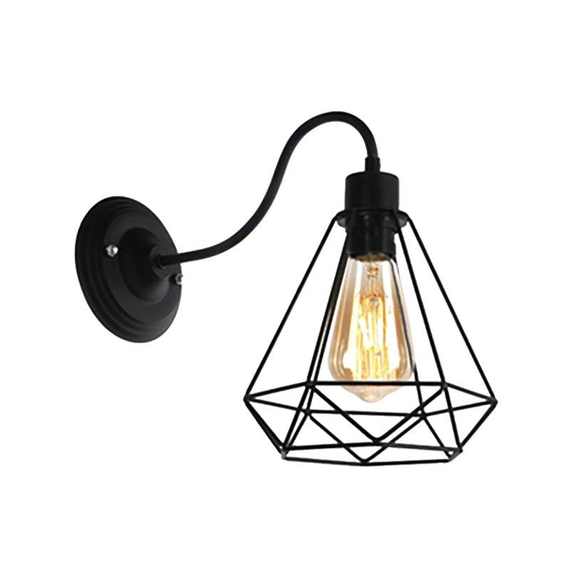 Sikunuo | Black 1 Light Wall Lamp Retro Style Metal Diamond/Star Wall Light with Cage Shade for Café
