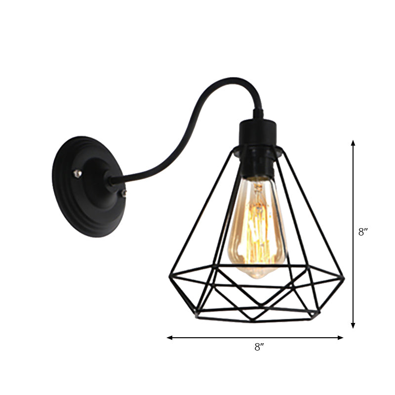 Sikunuo | Black 1 Light Wall Lamp Retro Style Metal Diamond/Star Wall Light with Cage Shade for Café