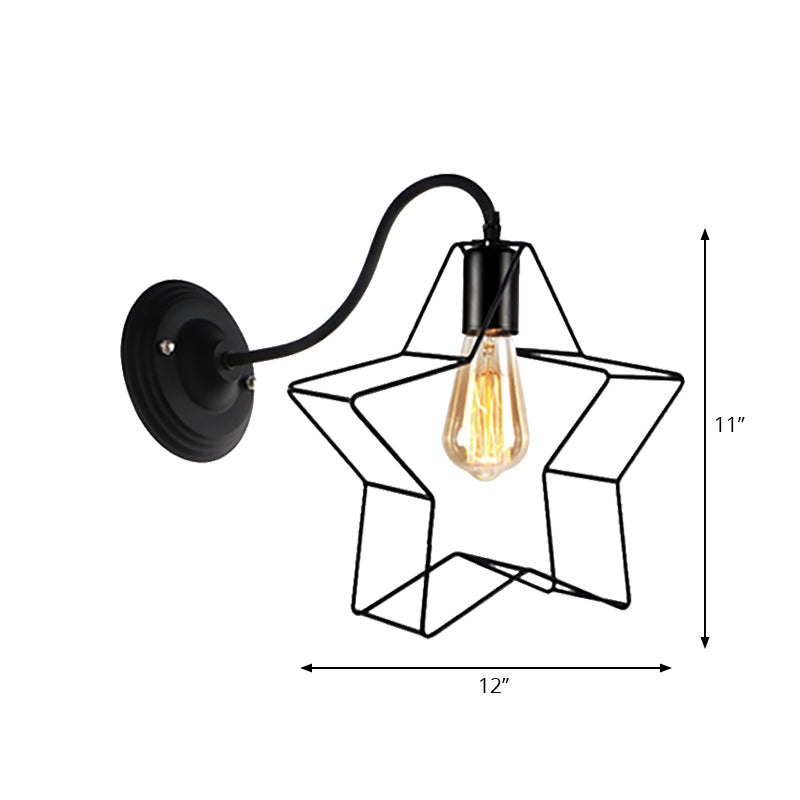 Sikunuo | Black 1 Light Wall Lamp Retro Style Metal Diamond/Star Wall Light with Cage Shade for Café