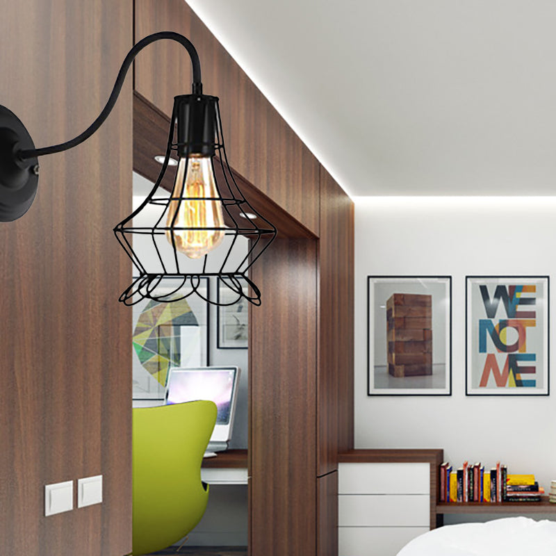 Sikunuo | Black 1 Light Wall Lamp Retro Style Metal Diamond/Star Wall Light with Cage Shade for Café