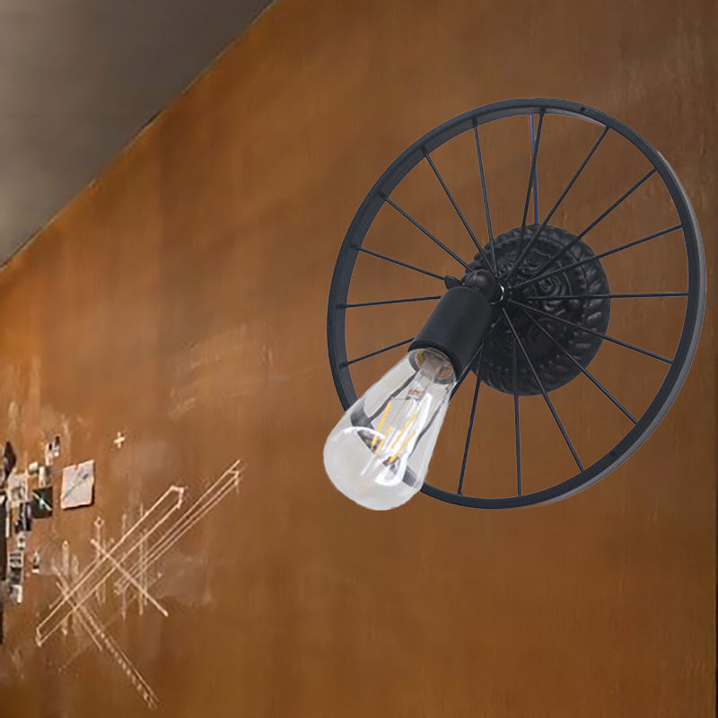Sikunuo | Black/Bronze Wheel Design Wall Sconce Lamp with Open Bulb Farmhouse Style Metal 1 Light Restaurant Sconce Light
