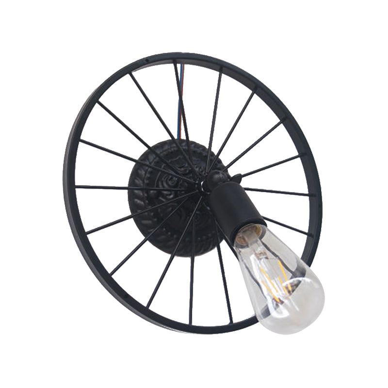 Sikunuo | Black/Bronze Wheel Design Wall Sconce Lamp with Open Bulb Farmhouse Style Metal 1 Light Restaurant Sconce Light