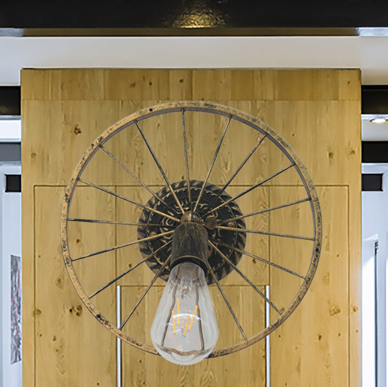 Sikunuo | Black/Bronze Wheel Design Wall Sconce Lamp with Open Bulb Farmhouse Style Metal 1 Light Restaurant Sconce Light