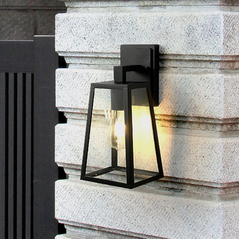 Sikunuo | 1 Light Wall Sconce Fixture Rustic Style Trapezoidal Clear Glass Wall Mount Lighting in Black