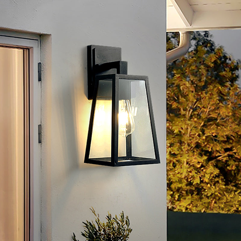 Sikunuo | 1 Light Wall Sconce Fixture Rustic Style Trapezoidal Clear Glass Wall Mount Lighting in Black