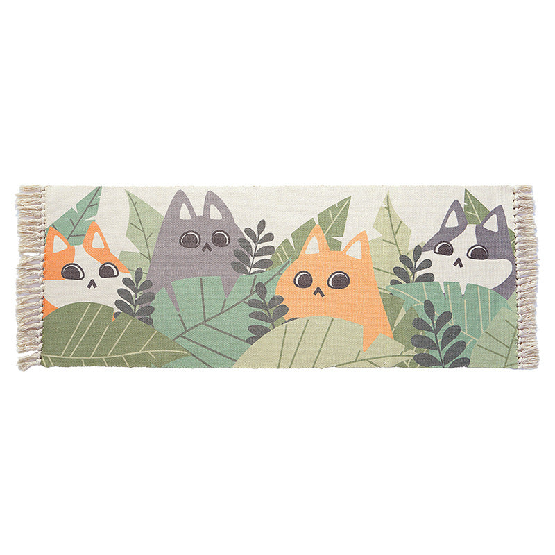 Sikunuo | Green and ivory children's rug Kids Animal Cat Fish Pattern Area Rug Cotton Pet-friendly Carpet with Fringe