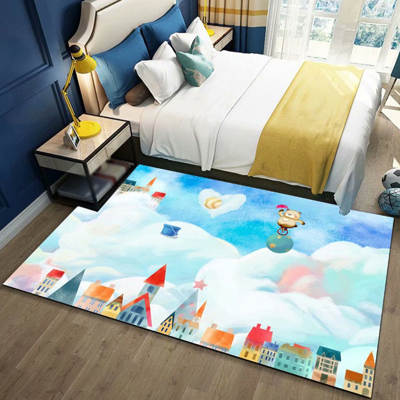 Sikunuo | Beautiful Children's Rug in Blue and Pink with Fairy Tale Castle Balloon Pattern Rug Polyester Washable Rug for the Children's Room