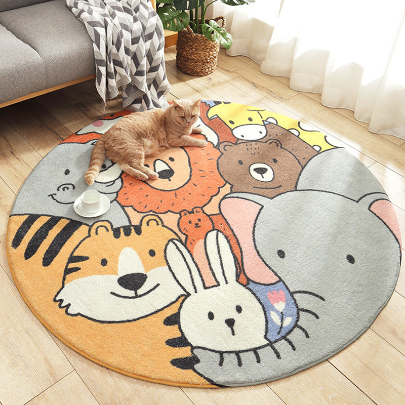 Sikunuo | Stylish children's rug in green and brown with animal cat, leopard, and rabbit pattern, washable wool rug for the children's room