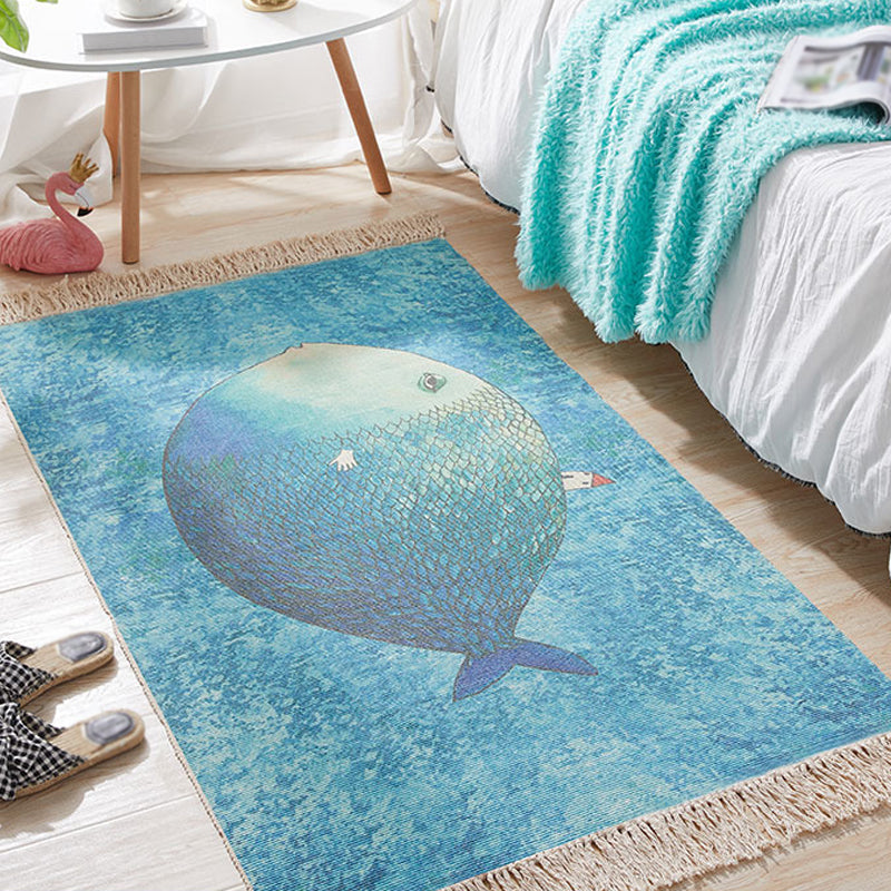 Sikunuo | Blue Children's Room Carpet Children's Animal Fish Pattern Carpet made of Cotton and Linen Washable Carpet with Fringes