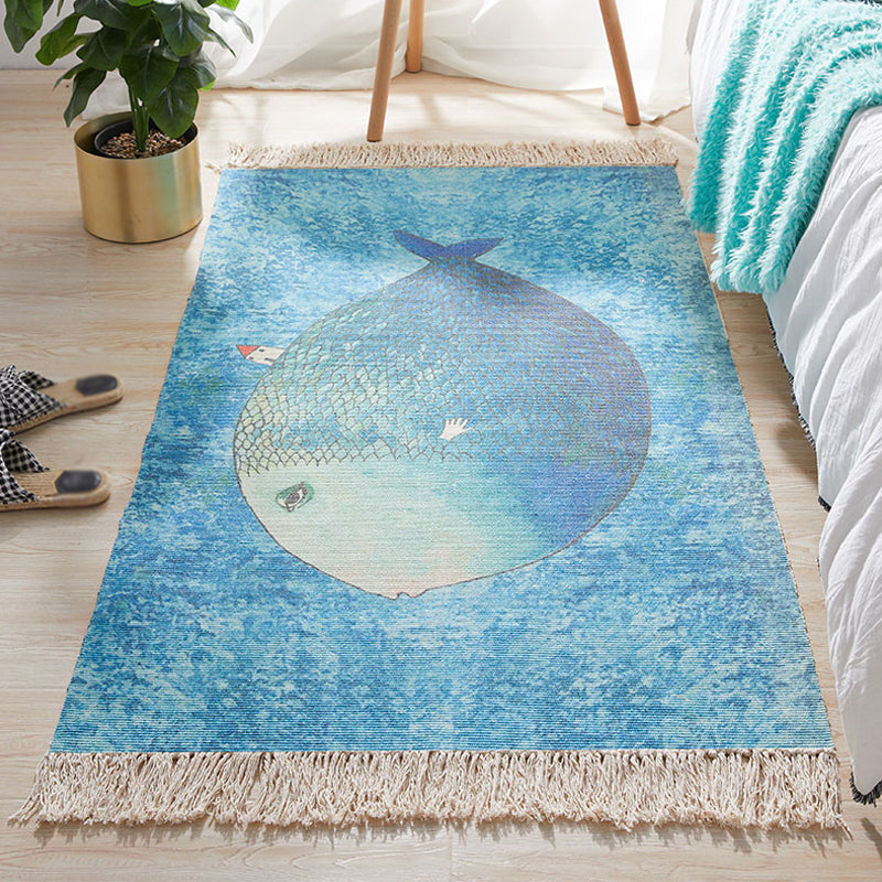 Sikunuo | Blue Children's Room Carpet Children's Animal Fish Pattern Carpet made of Cotton and Linen Washable Carpet with Fringes