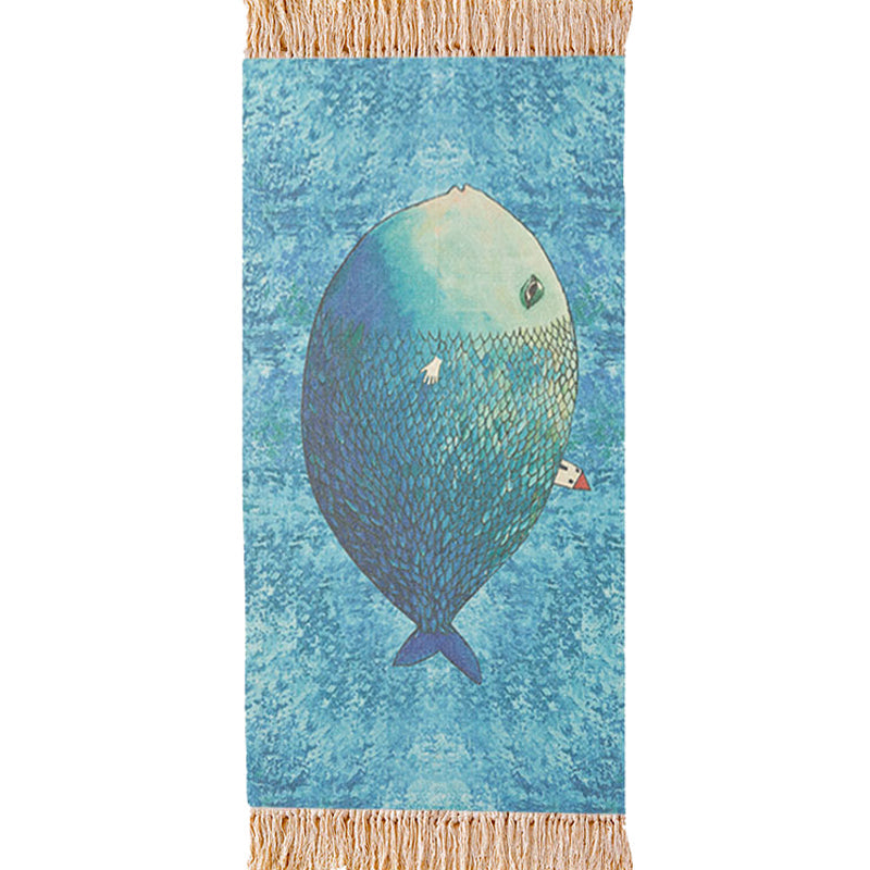 Sikunuo | Blue Children's Room Carpet Children's Animal Fish Pattern Carpet made of Cotton and Linen Washable Carpet with Fringes