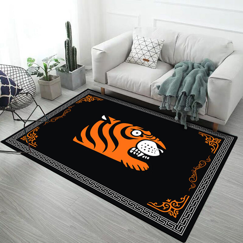 Sikunuo | Kids Children's Room Rug in Black and Pink Animals Tiger Elephant Pig Print Rug Polyester Stain-Resistant Area Rug
