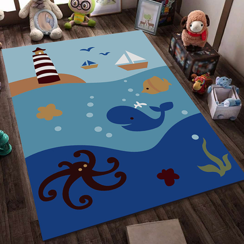 Sikunuo | Blue and Black Children's Carpet Fairy Tale Whale Ocean Pencil Pattern Carpet Polyester Washable Carpet