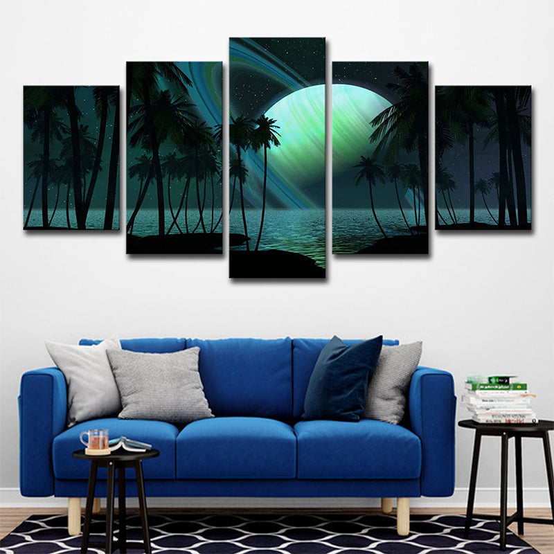 Sikunuo | Tropics Night Zeeland Landscape Canvas Green Ring Planet Wall Art Print for Family Room