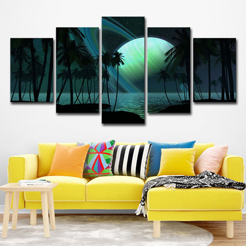Sikunuo | Tropics Night Zeeland Landscape Canvas Green Ring Planet Wall Art Print for Family Room